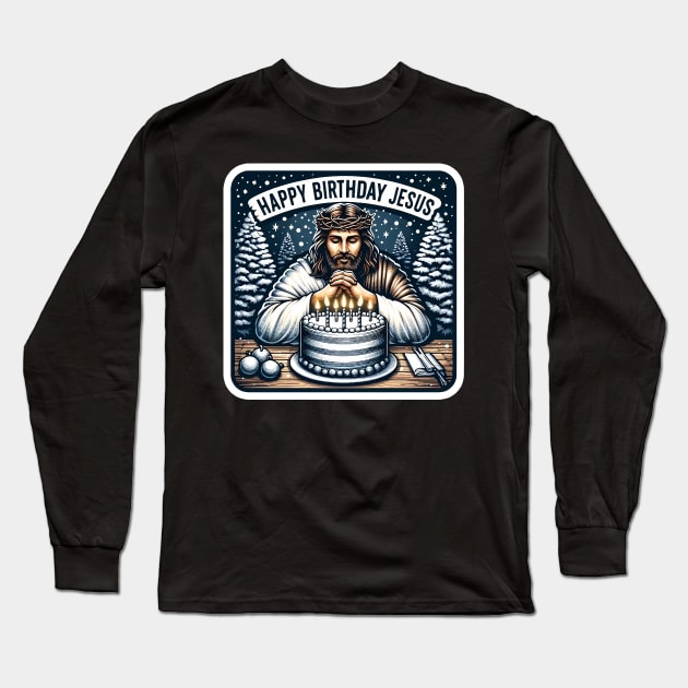 Happy Birthday Jesus Make A Wish Birthday Cake White Christmas Snowing Crown of Thorns Long Sleeve T-Shirt by Plushism